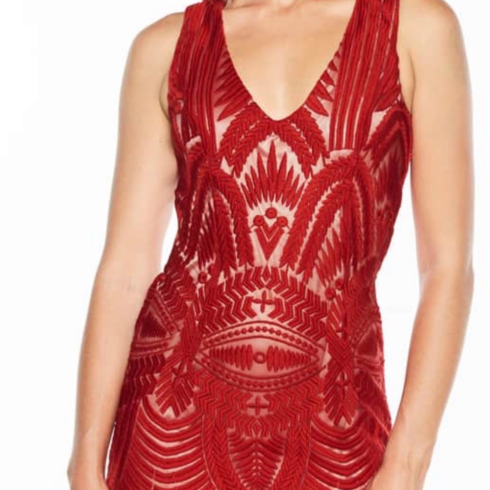 Bardot Embroidered Red Mesh Dress - Picture 6 of 6